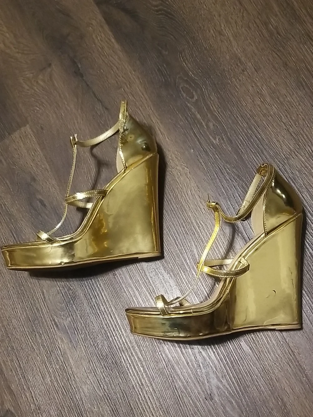 Gold Wedge Sandals for Women - Strappy Metallic Platform - Picture 4 of 12